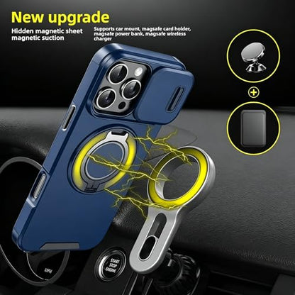 Rugged Shockproof Case for iPhone 17 Pro Max, Heavy Duty Protective Phone Case with Slide Camera Cover, 360° Rotatable Ring Stand & Magnetic Car Mount Compatible (Blue,iPhone 17 Pro Max) - color: Blue