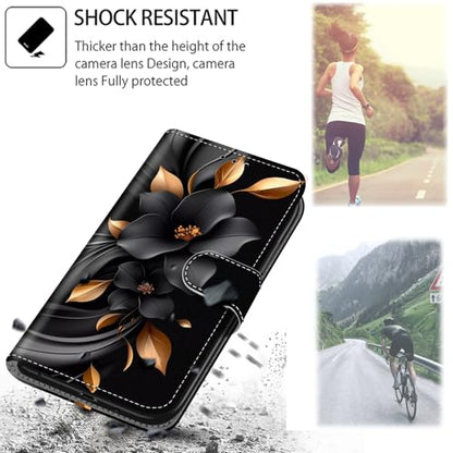 Case Wallet for Samsung Galaxy A14 5G, Black Flower | Kickstand, 3 Card Holder, Shockproof TPU Interior Shell, PU Leather, Magnetic Flip Cover, Lanyard Strap - color: Pic:04