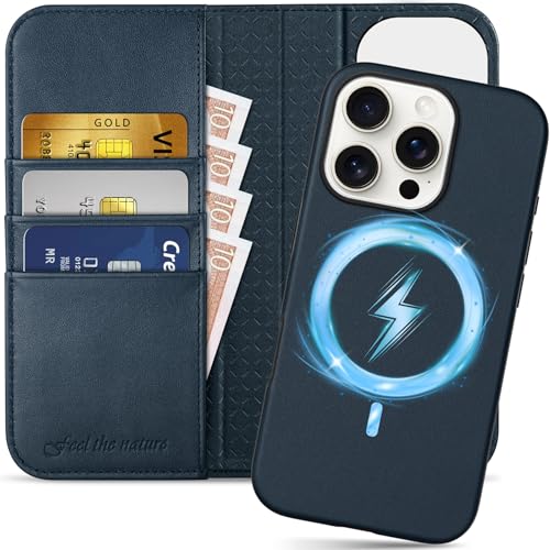 SHIELDON 2 in 1 Genuine Leather Case Wallet for iPhone 16 Pro, Navy Blue | Detachable, Wireless Charging, RFID Blocking, Credit Card Holder, Magnetic Closure, Kickstand, Folio Full Protection Cover - color: Navy Blue, size: for iPhone 16 Pro