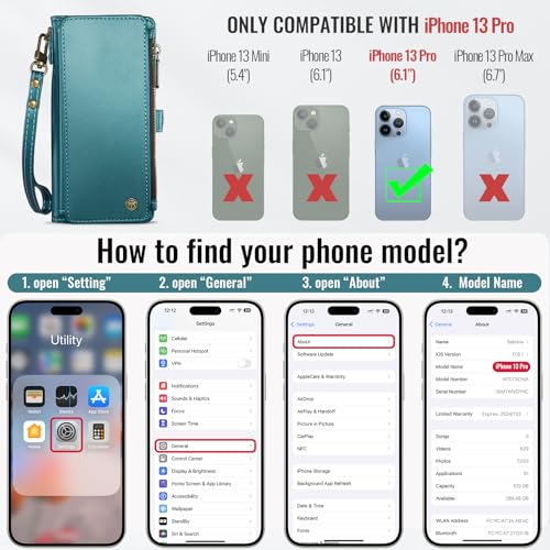 Defencase for iPhone 13 Pro Wallet Case with RFID Card Holder, Blue Green | Durable Soft PU Leather, with Zipper Pocket, Wrist Strap, Fashion Snap Flip Phone Cases Cover with Stand for Women and Men - color: Blue Green