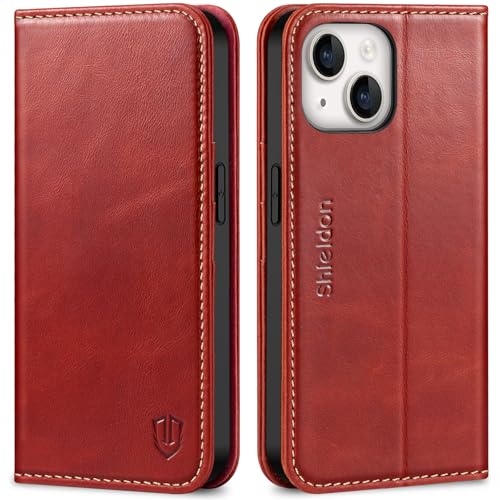 SHIELDON Genuine Leather Wallet Case for iPhone 14 6.1" 2022, Retro Red | RFID Blocking, Credit Card Holder, Magnetic Closure, Kickstand, Folio Design, Shockproof Phone Cover - color: Red - Retro