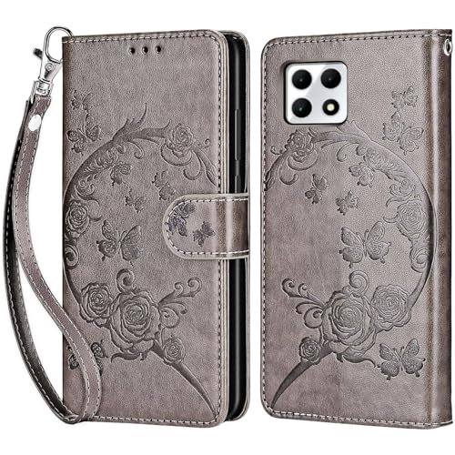 for T-Mobile Revvl 7 5G Wallet case, Gray Flower | 3 Card Holders, Kickstand, Shockproof TPU Shell, PU Leather, Magnetic Closure, Protective Flip Folio Cover, Women - color: 9