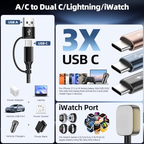 Travel Essentials Triple USB C 4in2 Multi Charging Cable for iWatch Charger - color: Dark Green&Blue&Coffee, size: AC to 2C+L+iWatch