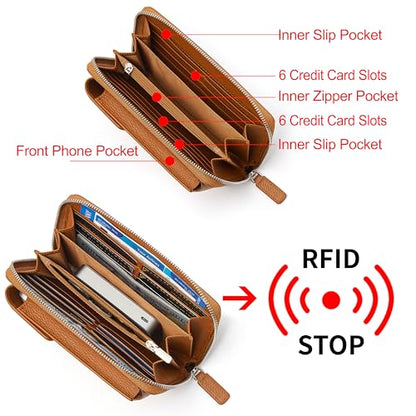 DORIS&JACKY Small Leather Crossbody Purse and Cell Phone Wallet for Women | RFID Blocking Shoulder Bag with Front Phone Pocket, Come with Long Detachable Strap and 12 Credit Card Slots - color: 3-brown