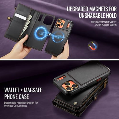 Defencase for iPhone 17 Pro Max Case Wallet Compatible with Magsafe, Black | Drop-Proof Magnetic Detachable Phone Cases Cover, with RFID Bolcking Card Holder, Zipper Strap, PU Leather, Removable Wallet - color: (Detachable with Magsafe)-Black