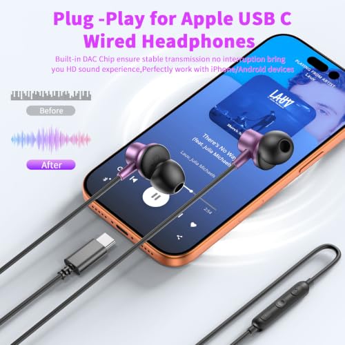 USB C Earbuds for iPhone 18 Pro Max 17 16 15 Headphone Wired,Purple - color: Purple