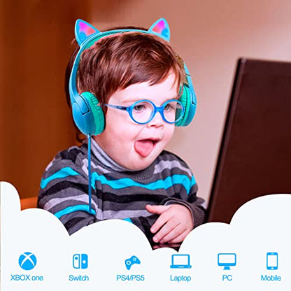 Olyre Kids Wired Headphones LED Light-Up Cat Ears Headset, Dual Audio Jack - color: Blue