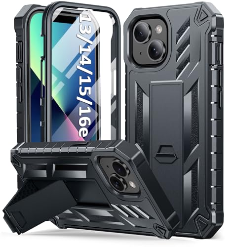 SOiOS for iPhone 13/14/15 Phone Case: for iPhone 16e Protective Cover with Built-in Kickstand | Heavy Duty Military Grade Hard Protection Shock Proof | Durable Dual-Layer Design Black | with Kickstand, 20FT Military-Grade Drop Shockproof Protection, Durab