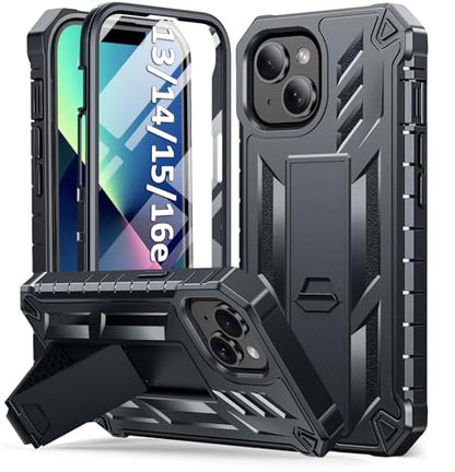 SOiOS for iPhone 13/14/15 Phone Case: for iPhone 16e Protective Cover with Built-in Kickstand | Heavy Duty Military Grade Hard Protection Shock Proof | Durable Dual-Layer Design Black | with Kickstand, 20FT Military-Grade Drop Shockproof Protection, Durab