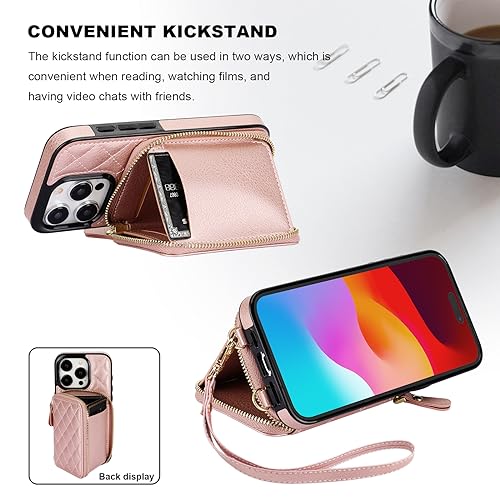 Bocasal Crossbody Wallet Case Card Holder for iPhone 15 Pro, Rose Gold | RFID Blocking PU Leather Zipper Handbag Purse, Kickstand Flip Folio Case with Card Slots Holder Wrist Strap Lanyard 6.1 Inch - color: Rose Gold