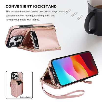 Bocasal Crossbody Wallet Case Card Holder for iPhone 15 Pro, Rose Gold | RFID Blocking PU Leather Zipper Handbag Purse, Kickstand Flip Folio Case with Card Slots Holder Wrist Strap Lanyard 6.1 Inch - color: Rose Gold