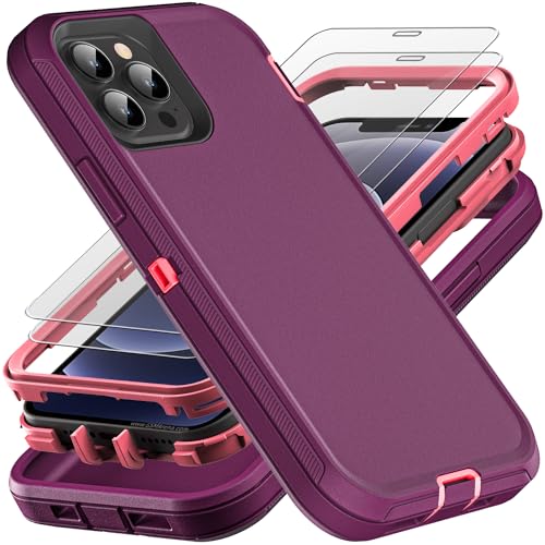 YKHJKLEC for iPhone 12/12 Pro Case, Military Grade 3 in 1 Heavy Duty Shockproof/Drop Proof/Dust Proof with 2Pcs Tempered Glass Screen Protector (Purple/Pink) - color: Purple/Pink