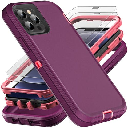 YKHJKLEC for iPhone 12/12 Pro Case, Military Grade 3 in 1 Heavy Duty Shockproof/Drop Proof/Dust Proof with 2Pcs Tempered Glass Screen Protector (Purple/Pink) - color: Purple/Pink