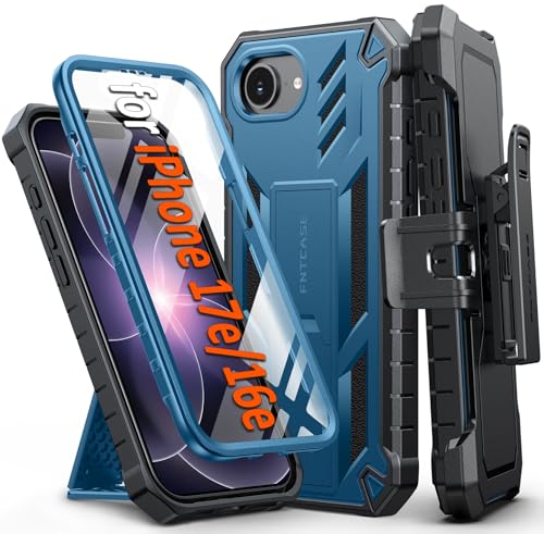 FNTCASE for iPhone 17e/16e Case with Belt Clip, Built-in Screen Protector | Rugged Kickstand, 20FT Military-Grade Drop Protection, Full Body Heavy Duty Shockproof Holster, Hard Protective Cover Blue - color: Blue, size: For Iphone 17E/16E (6.1 Inch)