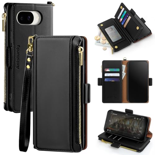 Antsturdy Compatible with Google Pixel 10a Wallet Case with Card Holder Women Men Phone Case RFID Blocking PU Leather Flip Protective Cover Wrist Strap Zipper Credit Card Slots,Black - color: Black, size: Google Pixel 10a - 6.3"