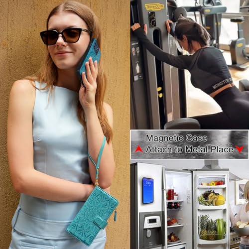 Harryshell Detachable Wallet Leather Case Compatible with Motorola Moto G Stylus 5G 2025/2026 Magnetic Phone Case Zipper with Cash Coin Pocket Multi Card Slots Holder Wrist Strap (Flower Blue Green) - color: Flower Blue Green, size: Moto G Stylus 5G 2025