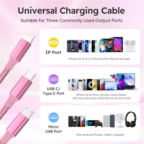 USB A/C Multi Charger Cable，3 in 1 Charging Cable for Multiple Devices - color: Pink+Gold