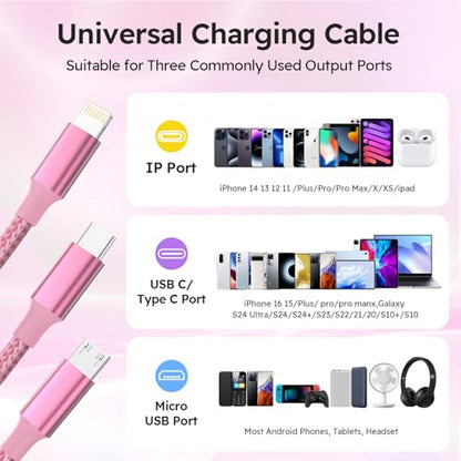 USB A/C Multi Charger Cable，3 in 1 Charging Cable for Multiple Devices - color: Pink+Gold