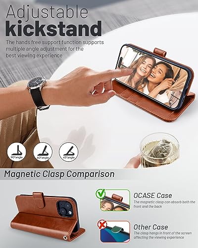 OCASE Compatible with iPhone 15 Wallet Case, PU Leather Flip Folio Case with Card Holders RFID Blocking Kickstand [Shockproof TPU Inner Shell] Phone Cover 6.1 Inch 2023, Brown - color: Brown