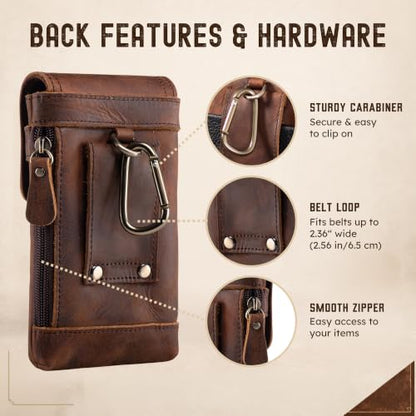 Top Grain Leather Cell Phone Holster Belt Pouch Case with Belt Clip - color: Coffee