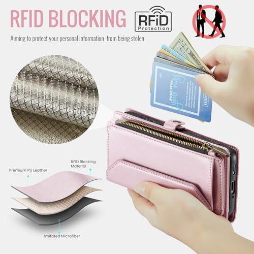 Asuwish Phone Case for Samsung Galaxy A17 5G Zipper Wallet Cover with Tempered Glass Screen Protector and Flip RFID Blocking Credit Card Holder Stand Cell Accessories A 17 17A 4G Women Girls Rose Gold - color: Rose Gold
