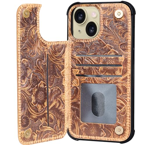Wallet Real Leather Case Compatible with iPhone 15 Plus 6.7" Brown | Genuine Leather,Shockproof,Anti-Fall Case,Flip Cover,with Card Slot,Double Magnetic Buckle,Kickstand,RFID Blocking Brown - color: Brown, size: 6.7"-15 Plus