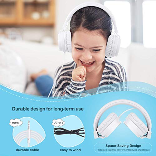 Kids Headphones, Lightweight Stereo Wired Toddler Headphones，Adjustable Headband Children's Headset for Smartphones Computer Pad Earphones(White) - color: White