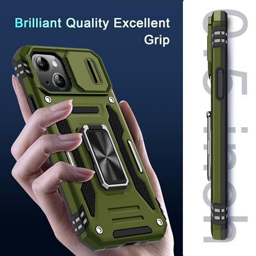 DEERLAMN Case for iPhone 15 with Slide Camera Cover + Screen Protector (2 Packs), Rotated Ring Kickstand Military Grade Shockproof Protective Cover-Olive Green - color: Olive Green