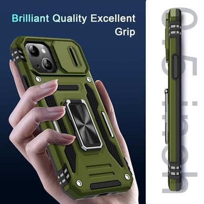 DEERLAMN Case for iPhone 15 with Slide Camera Cover + Screen Protector (2 Packs), Rotated Ring Kickstand Military Grade Shockproof Protective Cover-Olive Green - color: Olive Green