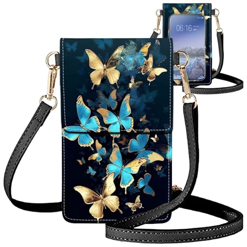 for Women Cell Phone Purse,with Touchscreen Cell Phone Purse,PU Leather Shoulder Bag Waterproof Phone Wallet Case with Clear Touch Screen Window up to 6.7 inch Smartphone, - color: Gold Blue Butterfly-119