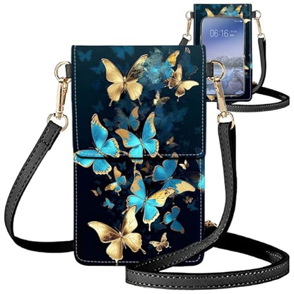 for Women Cell Phone Purse,with Touchscreen Cell Phone Purse,PU Leather Shoulder Bag Waterproof Phone Wallet Case with Clear Touch Screen Window up to 6.7 inch Smartphone, - color: Gold Blue Butterfly-119