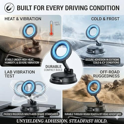 Magnetic Car Phone Holder for MagSafe, Vacuum Suction Mount, 360° Adjustable Dashboard & Windshield Mount, Strong N52 Magnetic Phone Holder for iPhone 17/16/15/14, Samsung Galaxy, Metal Ring Included