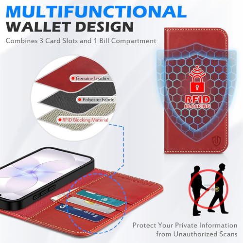 SHIELDON Genuine Leather Case Wallet for iPhone 17e/16e 6.1", Retro Red | Folio Magnetic Closure, RFID Blocking, Credit Card Holder, Kickstand, Shock Absorbing Protective Cover for Men Women - color: Retro Red