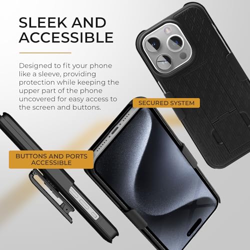MOTIVE for iPhone 15 Pro Case with Belt Clip, Rigid, Kickstand | 6.1" | Ranger v1 Series, Black, 360° holster, open-top/open-bottom port access, textured grip, slim - size: iPhone 15 Pro