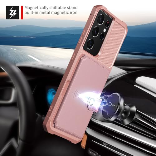 Wallet Case for Samsung Galaxy S21 Ultra, Compatible with Magnetic Car Mount, Heavy Duty Shockproof Rugged Soft TPU Back Leather Flip Credit Card Holder Cover 6.8 inch, Pink - color: Pink, size: Samsung Galaxy S21 Ultra