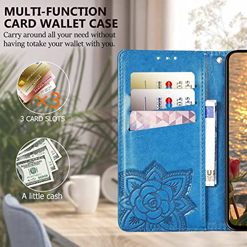 for iPhone 12 Pro/iPhone 12 Wallet Case,Women Flip Folio Cover with Butterfly Embossed PU Leather Kickstand Credit Card Holder Slots Wrist Strap for iPhone 12/12 Pro 6.1 inch (Blue) - color: Blue