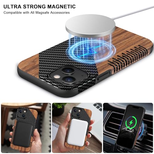 TENDLIN Magnetic Case Compatible with iPhone 14 Case Wood Grain with Carbon Fiber Texture Design Leather Hybrid Slim Cover (Compatible with MagSafe) Twill - color: Magnetic Twill, size: iPhone 14