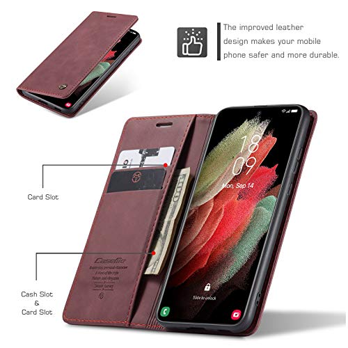 Kowauri Flip Case for Galaxy S21 Ultra - Leather Wallet With Card Slot and Magnetic Closure for Samsung Galaxy S21 Ultra 5G (Wine Red) - color: Wine red