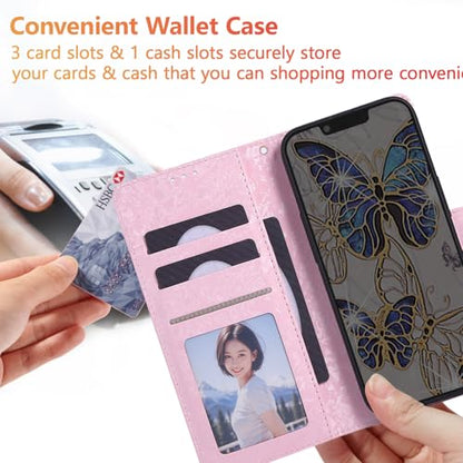 UEEBAI Wallet Case for iPhone 17, PU Leather Phone Cover Kickstand RFID Blocking Flip Case Card Slots Wrist Strap Relief Engraved Pattern Magnetic Closure Flower Folio Wallet, Blue Butterfly - color: Blue Butterfly, size: iPhone 17