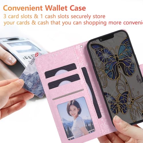 UEEBAI Wallet Case for iPhone 17, PU Leather Phone Cover Kickstand RFID Blocking Flip Case Card Slots Wrist Strap Relief Engraved Pattern Magnetic Closure Flower Folio Wallet, Blue Butterfly - color: Blue Butterfly, size: iPhone 17
