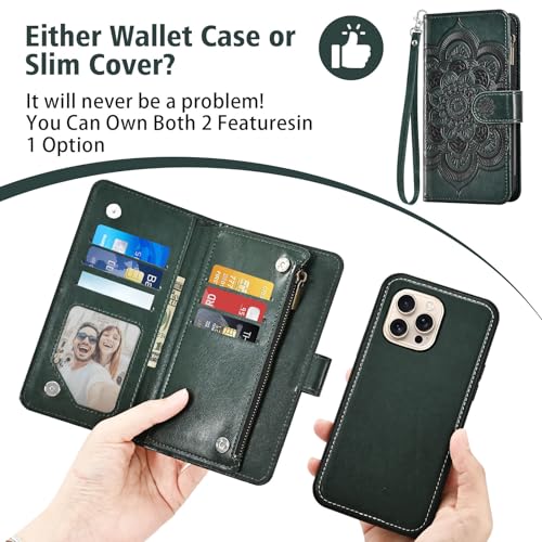 Asuwish Phone Case for iPhone 16 Pro 6.3 inch Zipper Wallet Detachable Cell Cover with Tempered Glass Screen Protector Crossbody Lanyard Strap Flower Card Holder i Phone16 i16 16Pro Women Dark Green - color: Dark Green