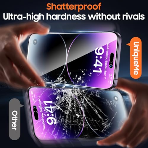UniqueMe 2Packs Compatible with iPhone 14 Pro Max Privacy Screen Protector - 360°Anti-Spy 4way Tempered Glass Screen Protector 14 ProMax Zero Bubble Case Friendly [Automatic Dust Removal