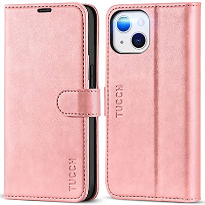 TUCCH Wallet Case for iPhone 13 (6.1") 2021, 3 Card Holders, Rose Gold | RFID Blocking, Viewing Stand, Shockproof TPU Shell, PU Leather, Magnetic Closure, Protective Folio Flip Cover - color: Pink