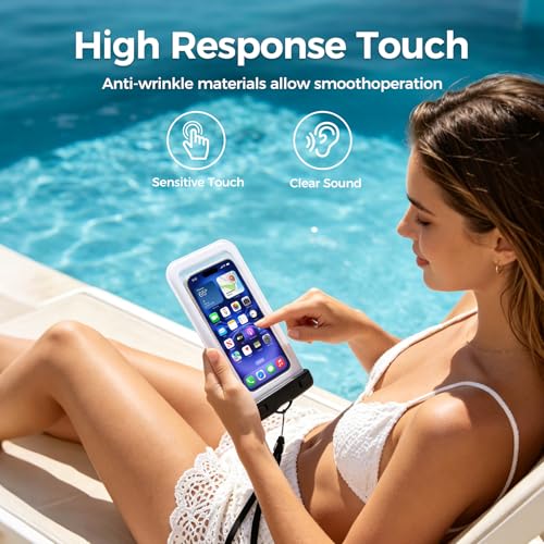 Waterproof Cell Phone Bag, White, 2 Pack | Waterproof Phone Pouch for 7" Phones, Touch Sensitive Clear Case, Lanyard, Beach Swimming - color: White