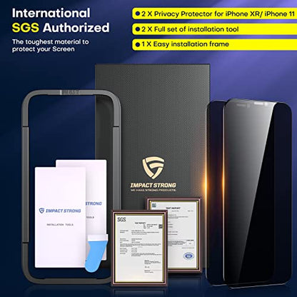 ImpactStrong Anti-Spy Privacy Screen Protector for iPhone 11 / iPhone XR (6.1-Inch), 9H Tempered Glass, Shatter-Resistant, Anti-Scratch, Easy Install Kit, Case Friendly, 2-Pack - size: iPhone 11/XR