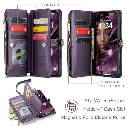 Defencase for iPhone 17 Wallet Case with RFID Blocking Card Holder, Purple | Durable Soft PU Leather, with Zipper Pocket, Wrist Strap, Fashion Snap Flip Phone Cases Cover with Stand for Women and Men - color: Purple