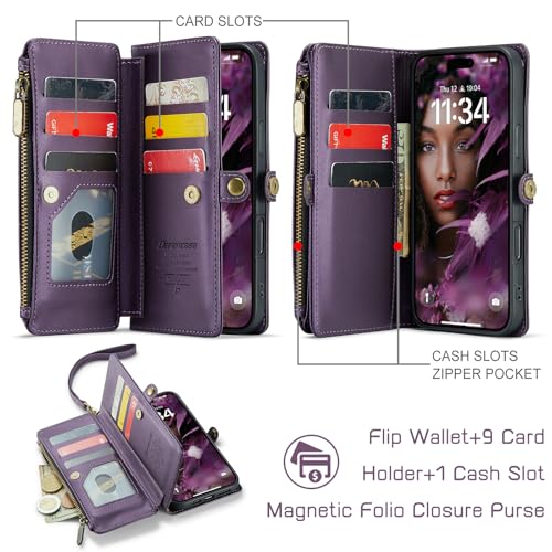 Defencase for iPhone 17 Wallet Case with RFID Blocking Card Holder, Purple | Durable Soft PU Leather, with Zipper Pocket, Wrist Strap, Fashion Snap Flip Phone Cases Cover with Stand for Women and Men - color: Purple