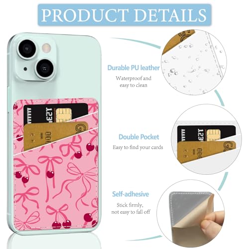 CREATCABIN Bowknot Phone Card Holder Leather Cell Phone Wallet Stick on Adhesive Credit Card Holder Slim Double Pocket Sticker for Back of Phone Case Compatible with Most Phones 3.7 x 2.5 Inch - style: Bowknot