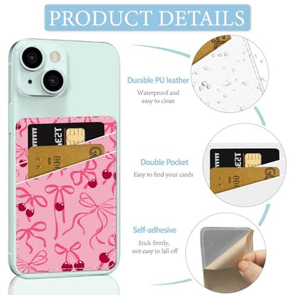 CREATCABIN Bowknot Phone Card Holder Leather Cell Phone Wallet Stick on Adhesive Credit Card Holder Slim Double Pocket Sticker for Back of Phone Case Compatible with Most Phones 3.7 x 2.5 Inch - style: Bowknot