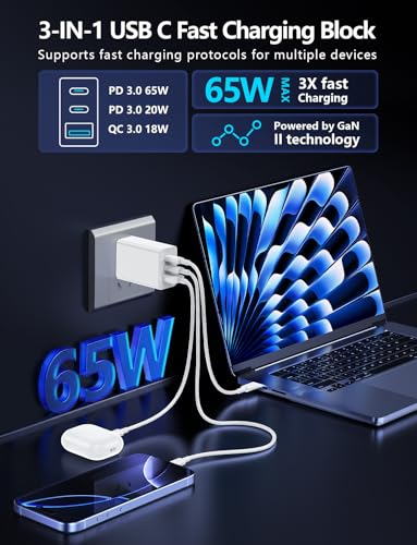 Essri 2-Pack 65W USB C Charger Block, 3-Port PD 3.0 Fast Charging Wall Plug - color: White